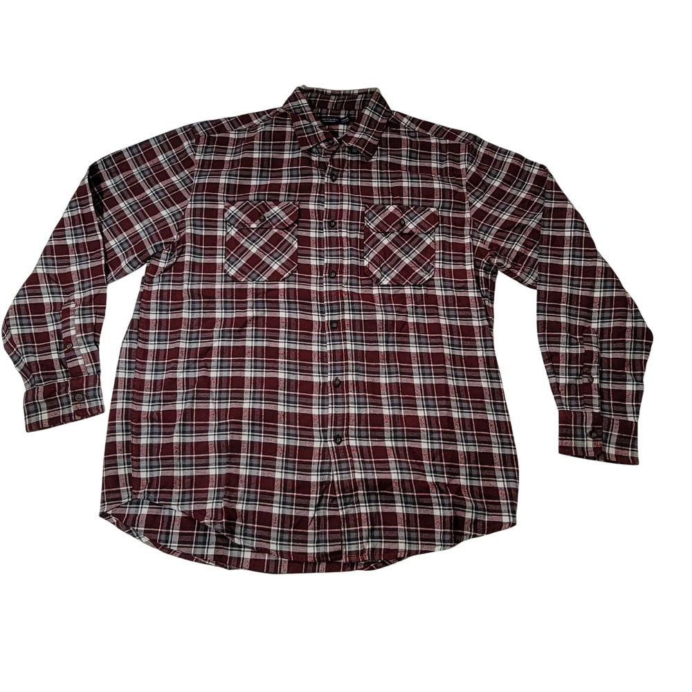 Faded Glory Mens Large Plaid Flannel Button Up Shirt Burgundy Grey White Cotton
